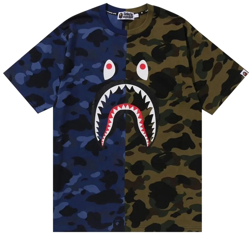 BAPE Split Camo Shark Tee Navy - New