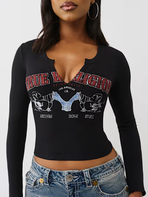 True Religion BUDDHA V NOTCH RIBBED LONG SLEEVE TEE - New