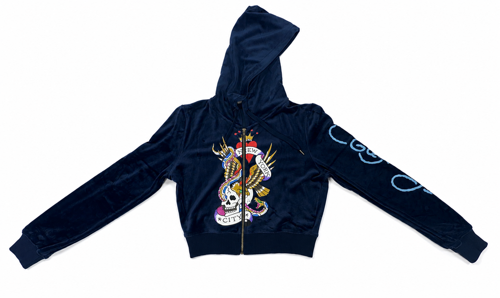 Ed Hardy NY Skull City Velour Jacket Navy - New