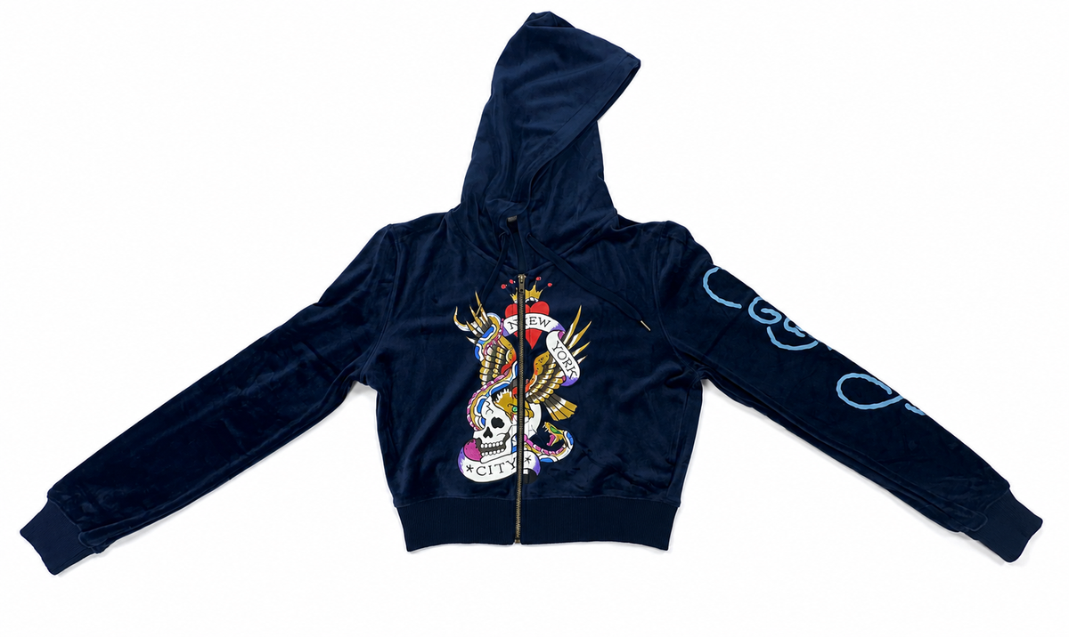 Ed Hardy NY Skull City Velour Jacket Navy - New