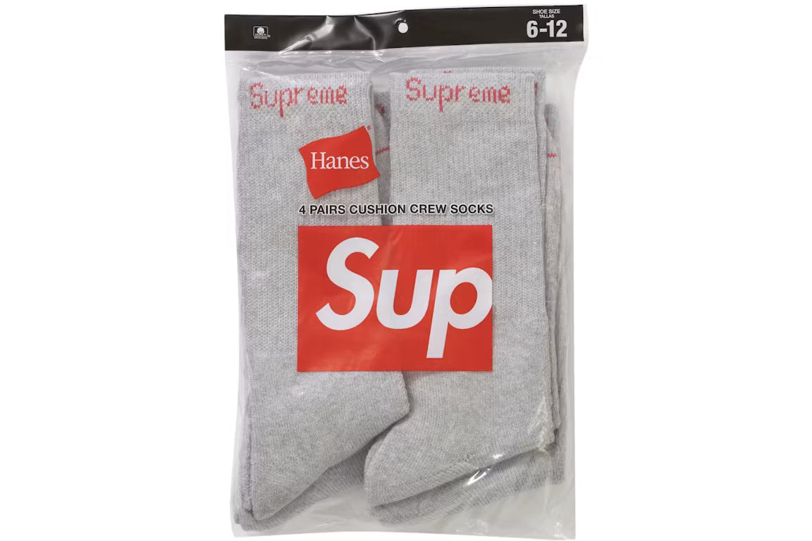 Supreme Hanes Crew Socks (4 Pack) Heather Grey - New