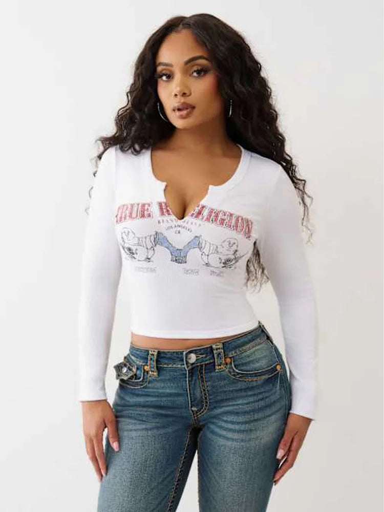 True Religion BUDDHA V NOTCH RIBBED LONG SLEEVE TEE - New