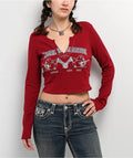 True Religion BUDDHA V NOTCH RIBBED LONG SLEEVE TEE Red - New